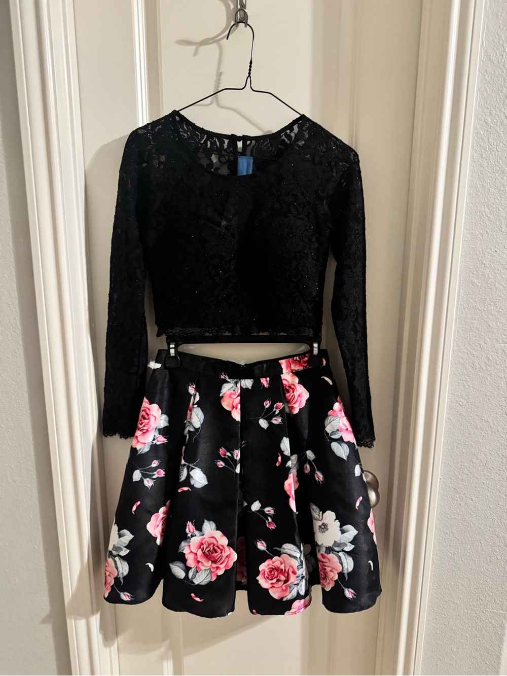 Two-Piece Black Lace Crop Top & Black Floral Skirt